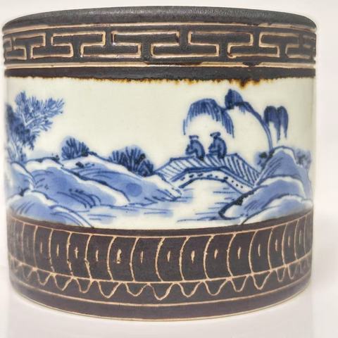 古玩陶瓷青花山水紋筆筒真品鑒賞圖