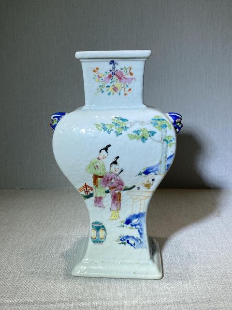 古玩陶瓷粉彩人物故事四方雙耳瓶真品鑒賞圖