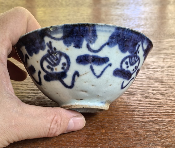 古玩陶瓷如意靈芝紋青花小碗真品鑒賞圖