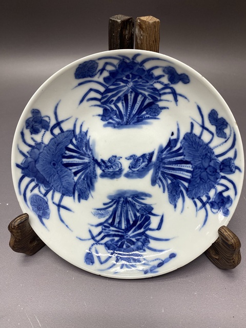 古玩陶瓷清晚期·蓮池游禽滿池嬌·青花盤拍賣，當前價格1360元