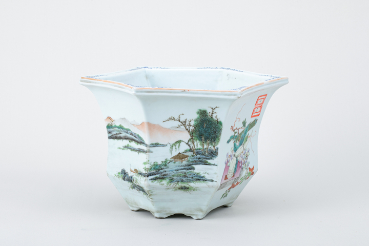 古玩陶瓷粉彩山水人物六方花盆真品鑒賞圖