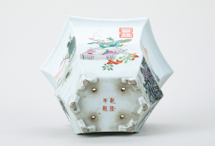 古玩陶瓷粉彩山水人物六方花盆真品鑒賞圖