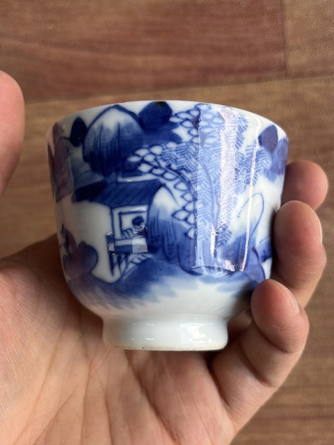 古玩陶瓷樵漁耕讀山水紋青花杯真品鑒賞圖