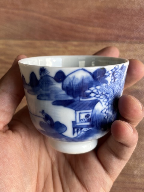 古玩陶瓷樵漁耕讀山水紋青花杯真品鑒賞圖