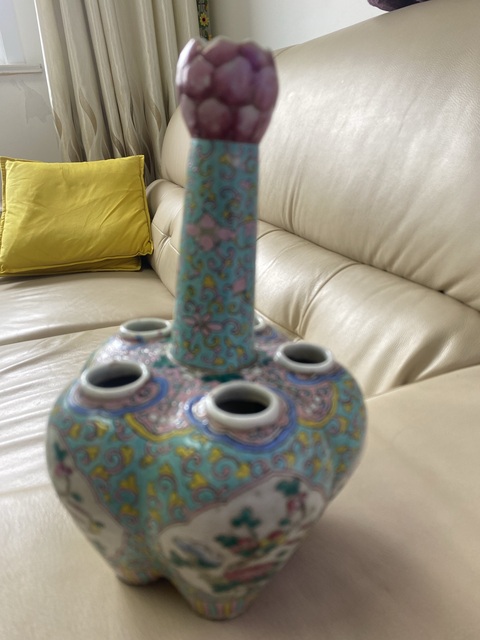 古玩陶瓷晚清細路粉彩五孔瓶真品鑒賞圖
