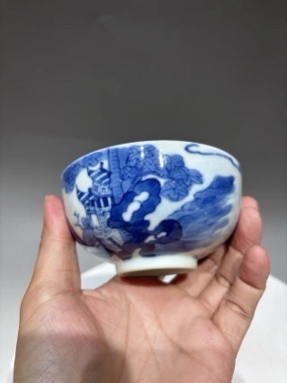 古玩陶瓷清道光青花山水人物圖碗真品鑒賞圖