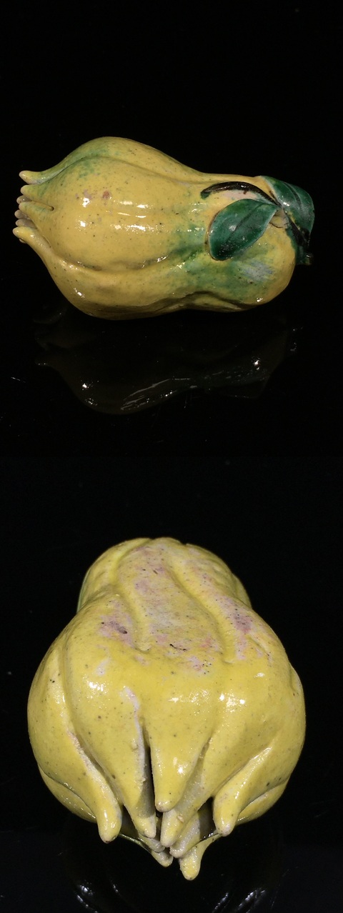 古玩陶瓷黃釉綠彩仿生瓷佛手真品鑒賞圖
