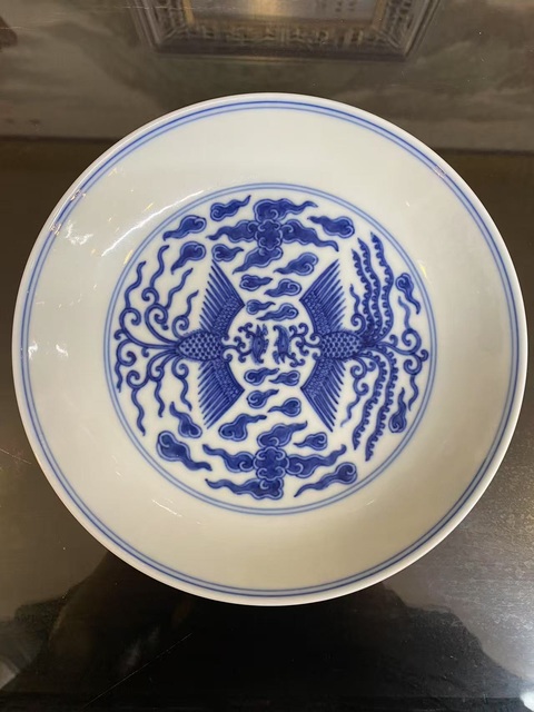古玩陶瓷鸞鳳和鳴青花盤真品鑒賞圖