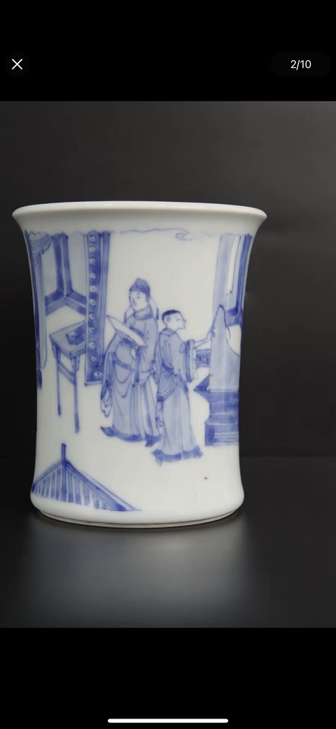 古玩陶瓷人物紋青花束腰筆筒真品鑒賞圖