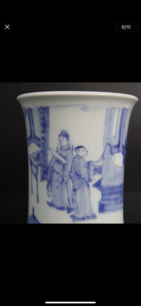 古玩陶瓷人物紋青花束腰筆筒真品鑒賞圖