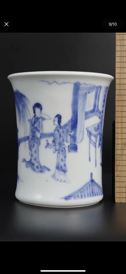 古玩陶瓷人物紋青花束腰筆筒真品鑒賞圖