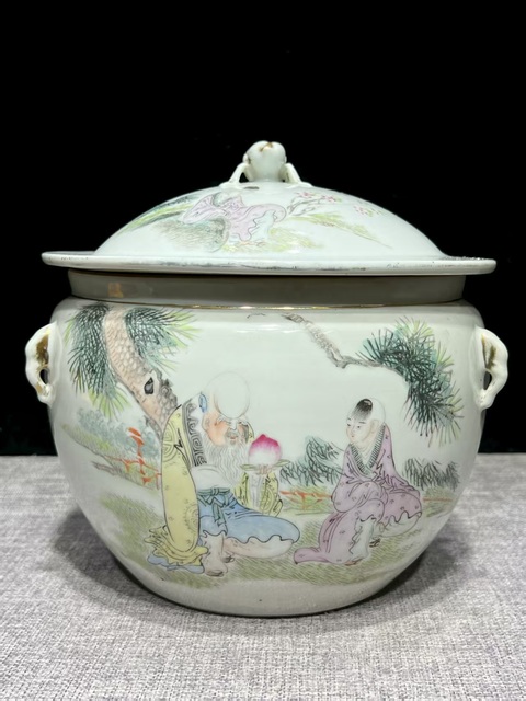 古玩陶瓷民國新彩獻壽圖粥罐真品鑒賞圖