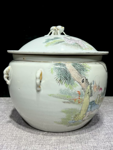 古玩陶瓷民國新彩獻壽圖粥罐真品鑒賞圖