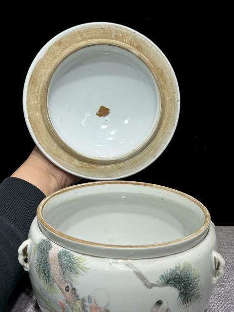 古玩陶瓷民國新彩獻壽圖粥罐真品鑒賞圖