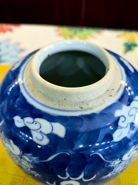 古玩陶瓷清晚期藍地白花龍紋罐。真品鑒賞圖