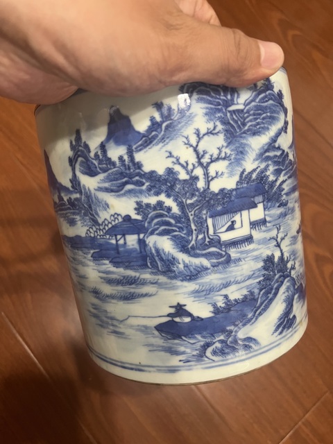古玩陶瓷青花山水紋筆筒真品鑒賞圖