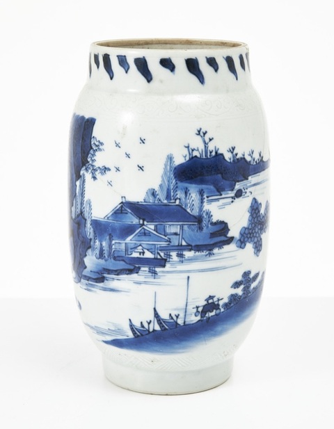 古玩陶瓷青花風景人物紋蓮子罐真品鑒賞圖