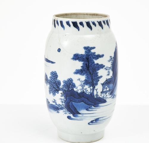 古玩陶瓷青花風景人物紋蓮子罐真品鑒賞圖