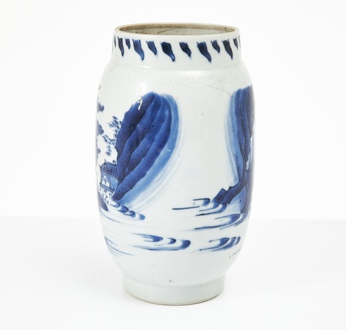 古玩陶瓷青花風景人物紋蓮子罐真品鑒賞圖