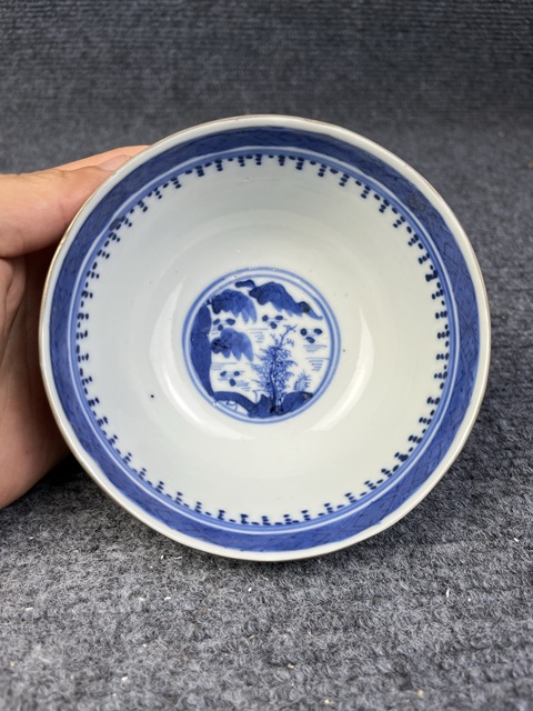古玩陶瓷青花山水亭臺樓閣紋碗拍賣,當前價格1388元