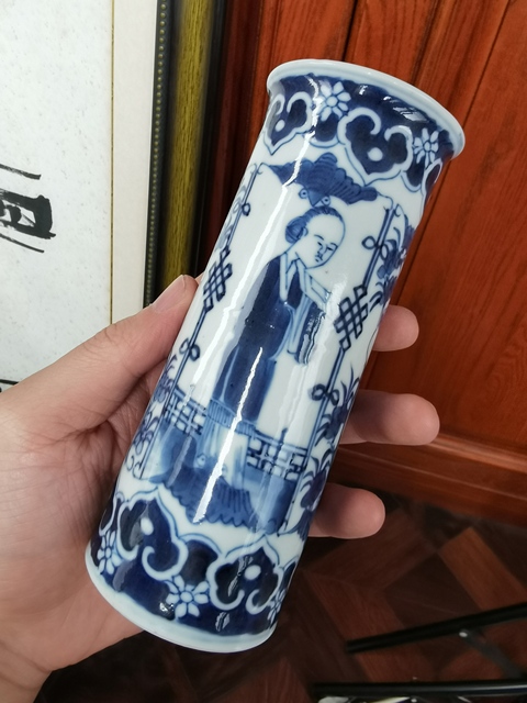 古玩陶瓷青花人物花鳥香筒真品鑒賞圖