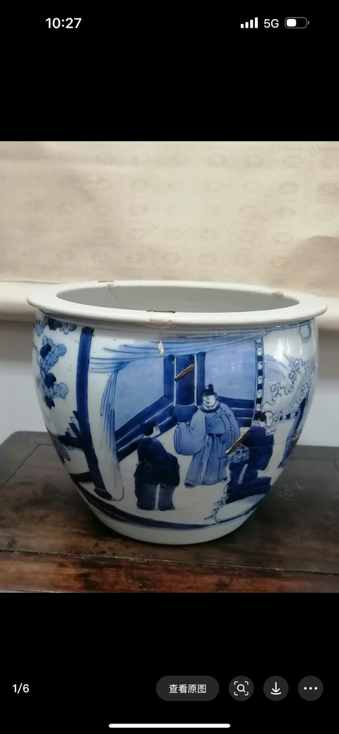 古玩陶瓷青花高士人物故事紋卷缸真品鑒賞圖