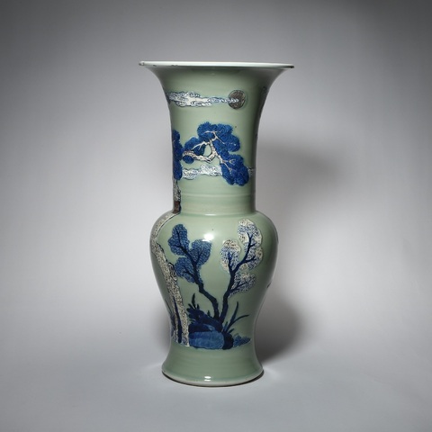 古玩陶瓷豆青釉青花釉里紅仙人騎鹿花觚真品鑒賞圖
