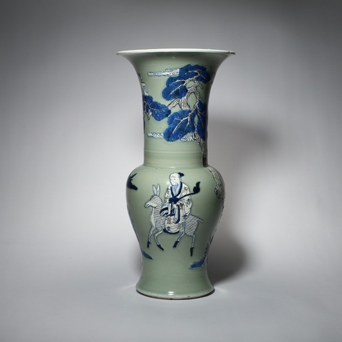 古玩陶瓷豆青釉青花釉里紅仙人騎鹿花觚真品鑒賞圖