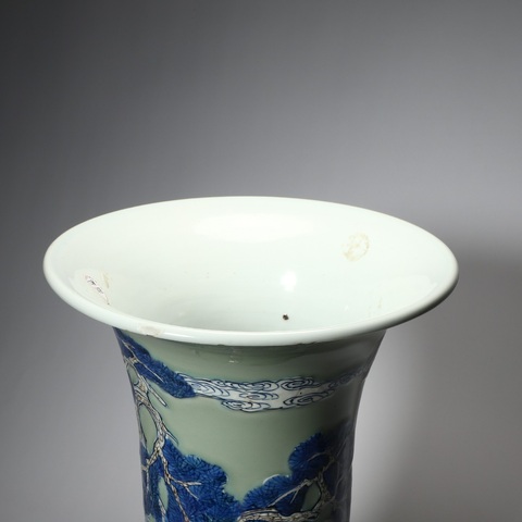 古玩陶瓷豆青釉青花釉里紅仙人騎鹿花觚真品鑒賞圖