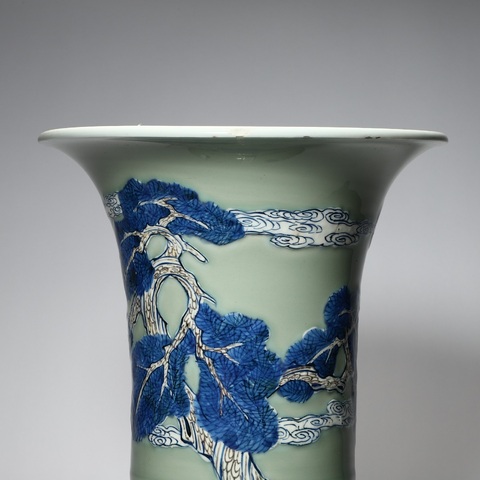 古玩陶瓷豆青釉青花釉里紅仙人騎鹿花觚真品鑒賞圖