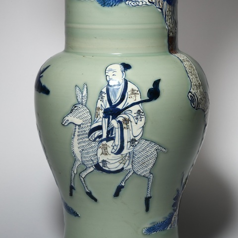 古玩陶瓷豆青釉青花釉里紅仙人騎鹿花觚真品鑒賞圖