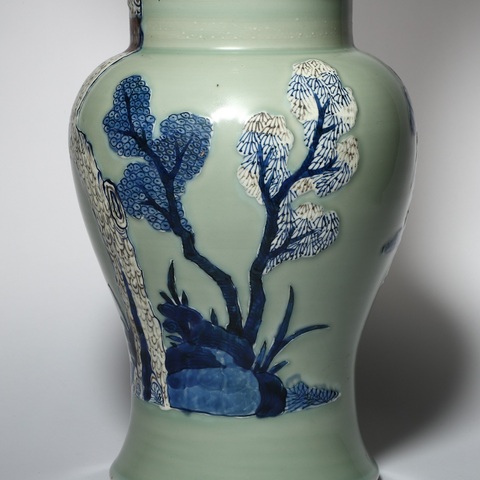 古玩陶瓷豆青釉青花釉里紅仙人騎鹿花觚真品鑒賞圖