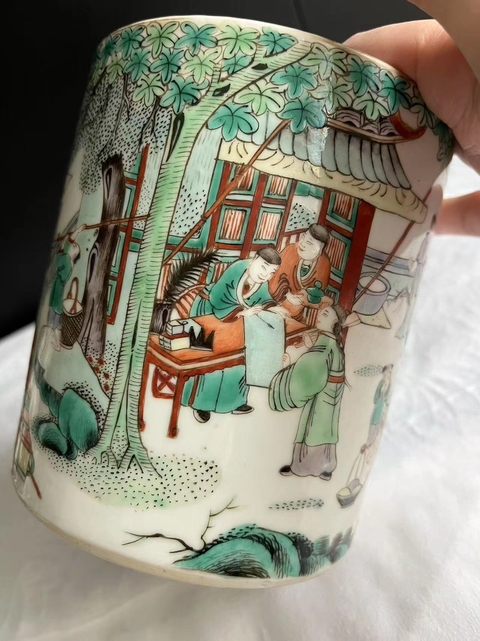 古玩陶瓷粉彩人物故事紋筆筒真品鑒賞圖