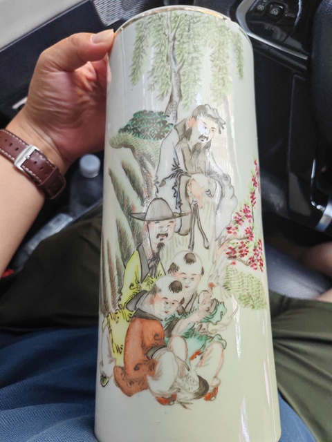 古玩陶瓷油粉彩人物故事紋帽筒真品鑒賞圖