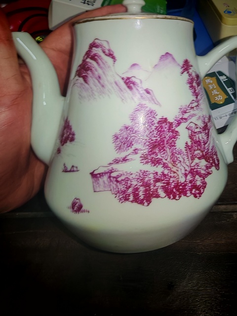 古玩陶瓷胭脂紅山水紋執壺真品鑒賞圖