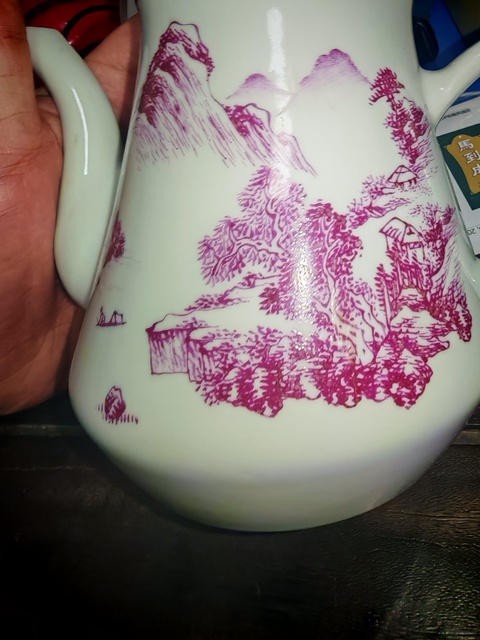 古玩陶瓷胭脂紅山水紋執壺真品鑒賞圖