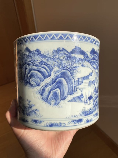 古玩陶瓷青花山水筆筒真品鑒賞圖