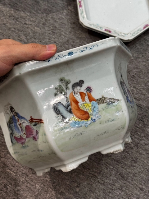 古玩陶瓷粉彩八仙人物花盆真品鑒賞圖