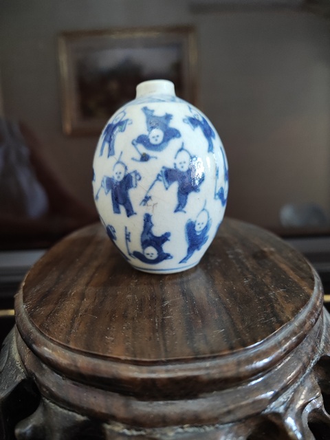 古玩陶瓷清中晚-煨瓷青花嬰戲圖小罐拍賣(mài)，當(dāng)前價(jià)格788元