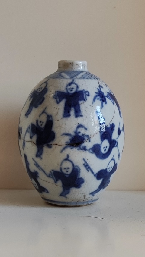 古玩陶瓷清中晚-煨瓷青花嬰戲圖小罐拍賣(mài)，當(dāng)前價(jià)格788元