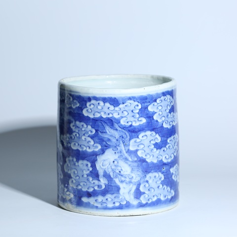 古玩陶瓷清道光青花獅子繡球圖筆筒真品鑒賞圖