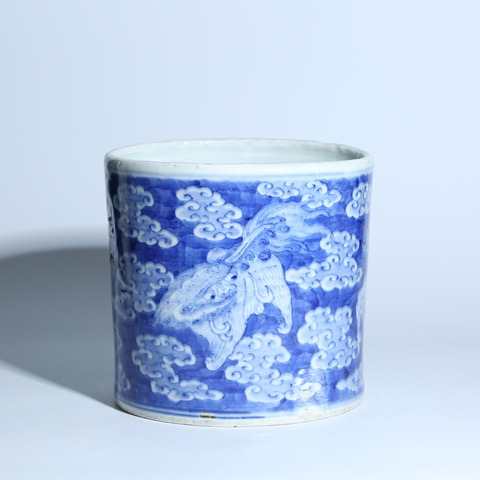 古玩陶瓷清道光青花獅子繡球圖筆筒真品鑒賞圖