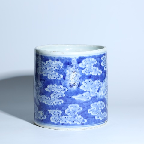 古玩陶瓷清道光青花獅子繡球圖筆筒真品鑒賞圖