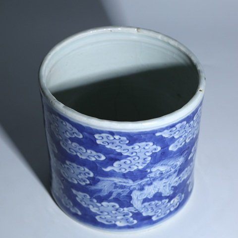 古玩陶瓷清道光青花獅子繡球圖筆筒真品鑒賞圖