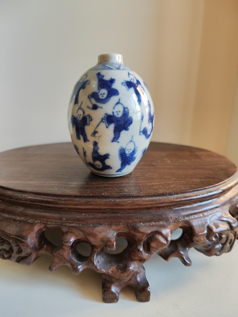 古玩陶瓷清中晚-煨瓷青花嬰戲圖小罐拍賣(mài)，當(dāng)前價(jià)格788元