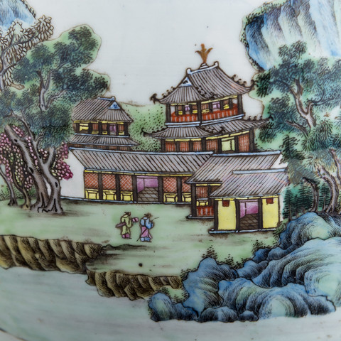 古玩陶瓷粉彩山水人物鋪首尊真品鑒賞圖