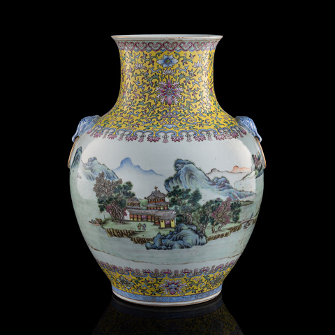 古玩陶瓷粉彩山水人物鋪首尊真品鑒賞圖