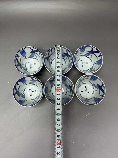 古玩陶瓷六只·創匯外紫金釉內青花魚藻紋杯一組拍賣,當前價格89元