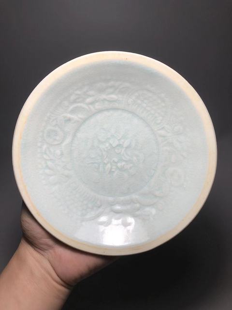 古玩陶瓷宋,青白釉娃娃采蓮紋印花盤拍賣,當前價格9999元