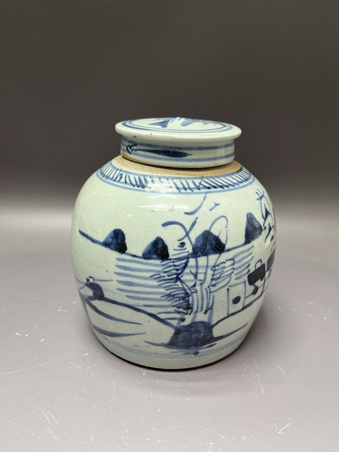 古玩陶瓷山水紋青花罐真品鑒賞圖